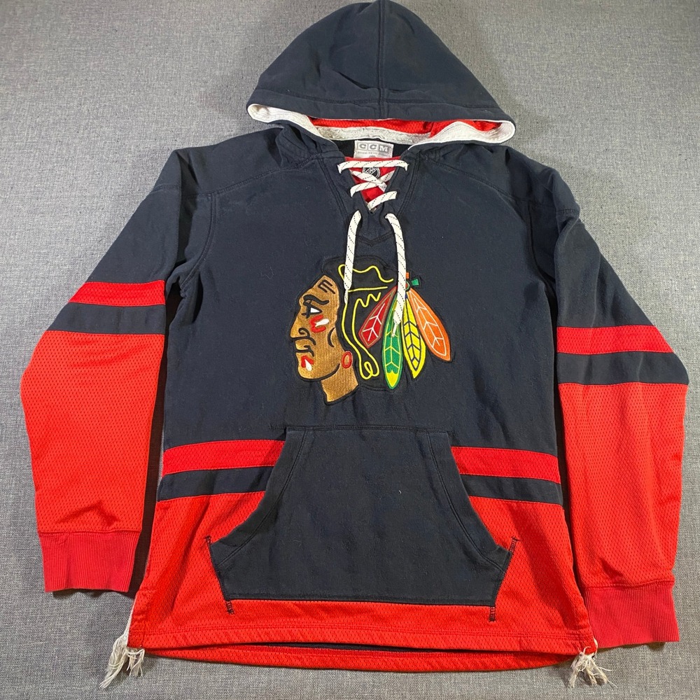 Chicago Blackhawks NHL CCM‎ Hockey Hoodie Men's Black Red Lace Up Size Small